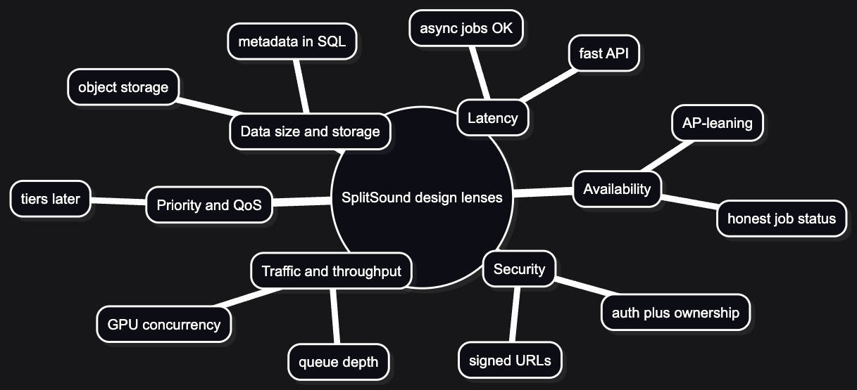 Mindmap of SplitSound design lenses: traffic, storage, QoS, latency, availability, security