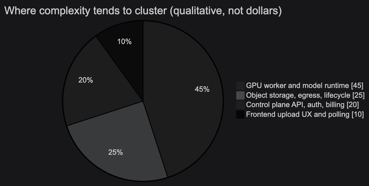 Pie chart: where complexity tends to cluster—GPU, storage, API, frontend